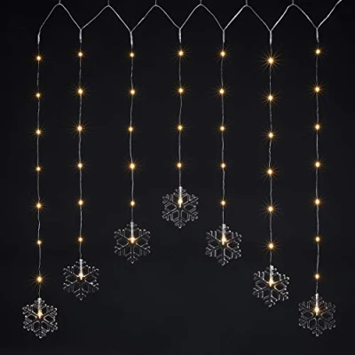 Imagen de Cortina de luces LED con forma copo nieve, 120 x 70 cm, 47 ledes, luz blanca cálida, para decoración ventanas