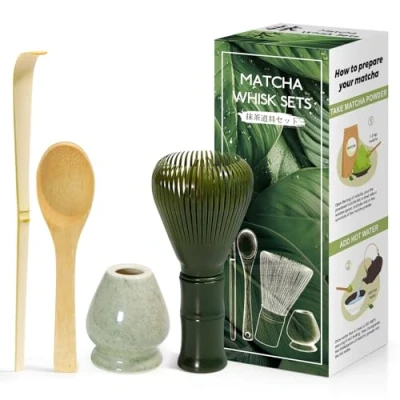 Imagen de Juego de 4 piezas Matcha ceremonia japonesa, verde batidor resinoso, cuchara bambú, pala portabatidor, caja para la del té, bebida