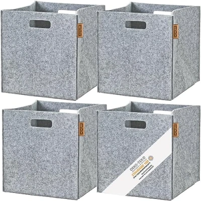 Imagen de MIQIO® caja de almacenamiento diseño tela fieltro, juego 4 cestas almacenamiento, plegable 30 x cm, organizador para estantería Kallax, color gris claro