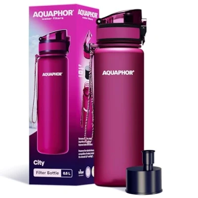 Imagen de AQUAPHOR City Bottle 500ml rojo rubí I botella filtrante para llevar filtro con carbono activo filtra cloro y contaminaciones hecho de tritan libre BPA un mejor sabor olor del agua