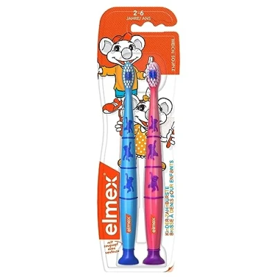 Imagen de elmex Cepillos de dientes para niños 2 a 6 años, unidades, manuales, con ventosa, cerdas suaves, mango ergonómico Colorido Color No Fre Seleccionable