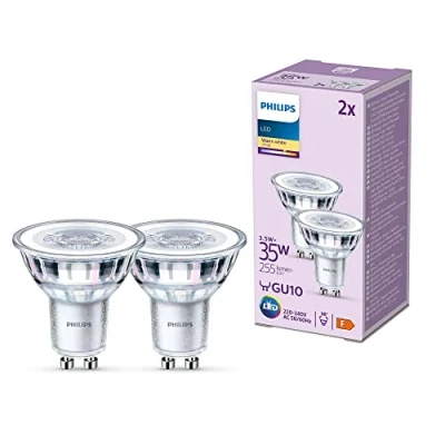 Imagen de Philips Bombilla tipo foco 3.5W (Eq. 35W) 255 lúmenes, casquillo GU10, Luz Blanca Cálida (2700k) Pack 2 Bombillas