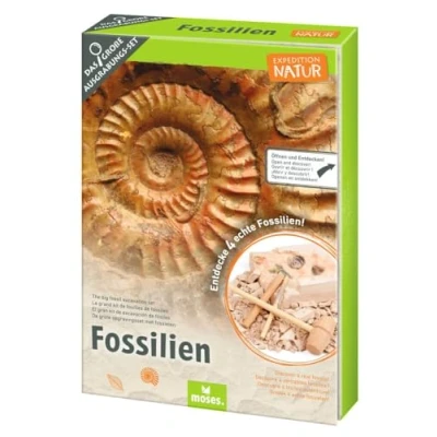 Imagen de moses. Expedition Nature Kit de excavación fósiles con 5 Reales, excavación, Incluye Herramienta Lupa y Bolsa Almacenamiento