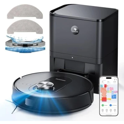 Imagen de Proscenic Q8 MAX Robot Aspirador con Estación de Succión &amp; Función Limpieza, Potencia 5000Pa, Bolsa para Polvo 3L, Tanque Agua 250mL, Control Voz por App Alexa Google Siri FTTT