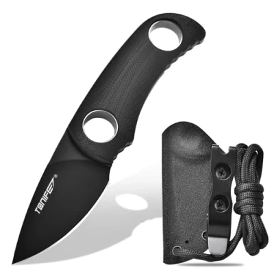 Imagen de TONIFE Cuchillo de Hoja Fija 4,7cm, Mini Cuello con Funda Kydex y Cordón, Fijo Portátil EDC para Supervivencia al Aire Libre (Negro+Negro Titanio)