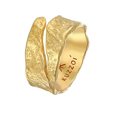 Imagen de Kuzzoi Anillo para Hombre de Plata Ley 925 con Textura artística, diseño Envejecido, 12 mm Ancho, Chapado en Oro, martillada, Oro