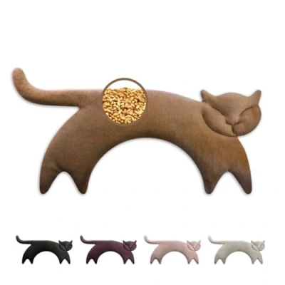 Imagen de Leschi Bolsa Semillas Microondas 47x23 cm, de 100% Algodón y Trigo Orgánicos, Saco en forma gato marron, Térmico para ideal Cuello, Cervical Espalda