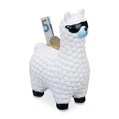 Imagen de Relaxdays Hucha Llama con Gafas de Sol, Cerámica, Blanco, 15,5 x 11 6 cm