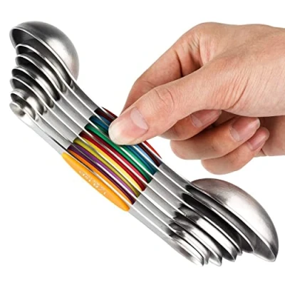 Imagen de Juego de 7 cucharas medidoras magnéticas acero inoxidable apilables doble cara para medir ingredientes secos y líquidos, cabe en tarro especias
