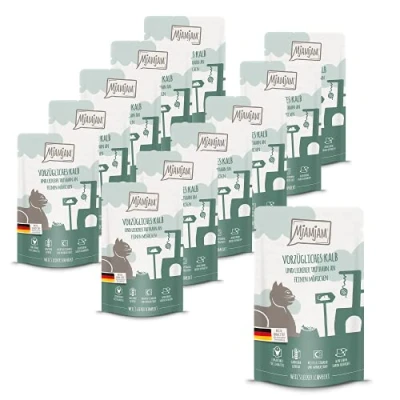 Imagen de MjAMjAM comida húmeda premium para gatos Quetschie excelente ternera y pavo con deliciosas zanahorias, pack de 12 (12 x 125 g), sin cereales extra carne