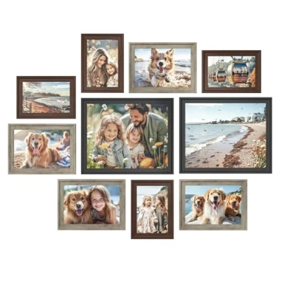 Imagen de SONGMICS Marcos de Fotos con 16 Alfombrillas, Juego 10 Cuadros, Dos 20x25 cm, Cuatro 13x18 10x15 Colgar o Mostrar, 12 Clavos, Marrón Caoba, Greige Mélange, Negro Ceniza