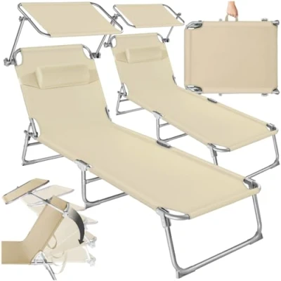 Imagen de tectake® Set de 2 Tumbonas Jardín Exterior con Parasol y Respaldo Regulables, Tumbona Plegable Reposacabezas, Playa Resistente a la Intemperie, Piscina Carga Máx. 110 kg beige