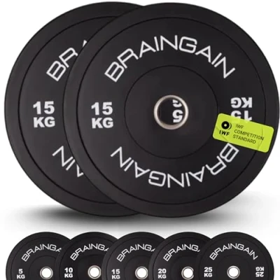 Imagen de BRAINGAIN Par de discos olímpicos negros 15 kg (2 x kg), placas peso goma sólida 2 pulgadas para entrenamiento fuerza con pesas y levantamiento