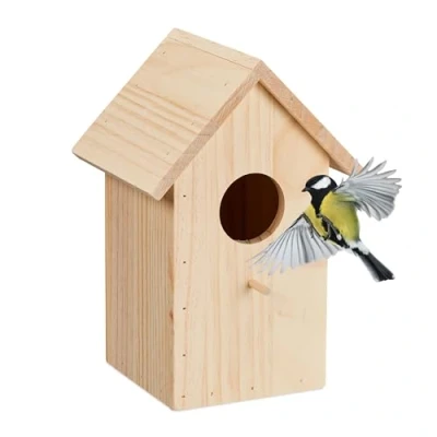 Imagen de Relaxdays Caja Nido Plegable Casa Pájaros para Gorriones y Jilgueros, Pared Abatible, Madera Sin Tratar, Colgante, Jardín o Balcón, Natural, 25,5 x 17 16 cm