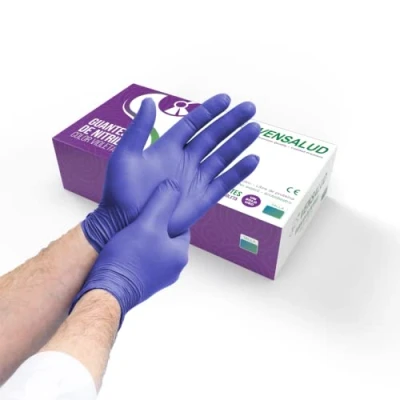 Imagen de VENSALUD Guantes de NITRILO Desechables Sin Polvo Resistentes Para Laboratorios, Sanitarios, Cocina, Estudios tatuaje, Veterinaria, Limpieza Látex Pack 100 uds. Violeta Talla L