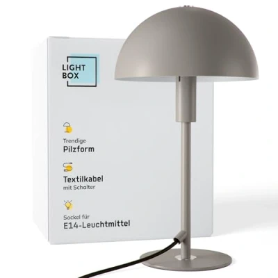 Imagen de Lightbox Pilz Tischlampe Home Office Schreibtischlampe mit Wipp Schalter LED Lampe (E14 Fassung) als Nachttischlampe, Büro und Schreibtisch Zubehör aus Metall in Taupe/Grau