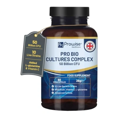 Imagen de Probióticos y prebióticos complejos Bio Cultures 50 mil millones de UFC 10 cepas bacterias vivas Agregadas con inulina, L glutamina vitamina C 60 cápsulas Prowise