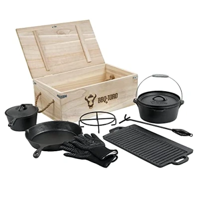 Imagen de BBQ Toro Juego de Horno Holandés en Caja Madera 8 Piezas Hierro Fundido, Curado pre Seasoned Madera, Olla Holandesa, Posavasos, Levantador Tapa, Plancha, Cacerola, Sartén, Guantes