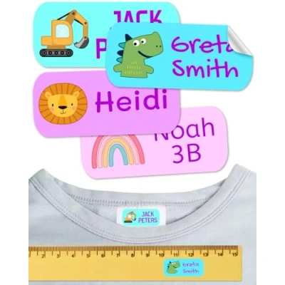 Imagen de Etiquetas para ropa SIN PLANCHAR resistentes a los lavados. Pegatinas personalizadas material escolar. Adhesivas niños, guardería y colegios. (Fantasia, 50 Etiquetas)