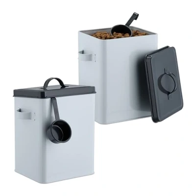 Imagen de Relaxdays Comedero, Juego de 2 Unidades Pack Recipientes Comida Mascotas, con Tapa y Cuchara, 5,5 L, Contenedores Pienso, Blanco Antracita