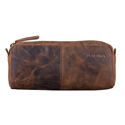 Imagen de LEABAGS Estuche de Cuero Genuino Gran para bolígrafos, lápices y papelería Escolar Carpeta Trabajo, Universidad Escuela Vintage marrón Oscuro