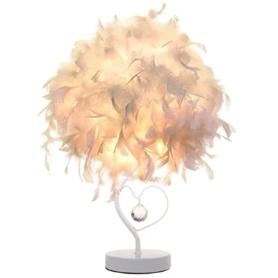 Imagen de Lámpara de mesilla noche plumas con cristal en forma corazón, Pantalla mesita escritorio luz mesa para sala estar, dormitorio