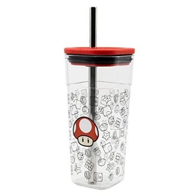 Imagen de Vaso Cube Alto de plástico con Pajita Acero Inoxidable 540 ml Super Mario