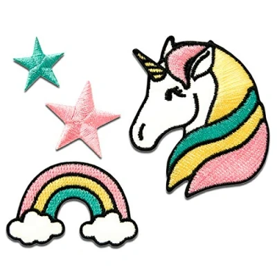 Imagen de Set Unicornio Estrella Arco Iris Colorido Diferentes Tamaños Parches Termoadhesivos Bordados Aplique Para Ropa
