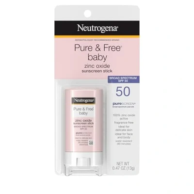 Imagen de Neutrogena Pure &amp; Free Baby Mineral Sunscreen Stick with Broad Spectrum SPF 50 Zinc Oxide, Water Resistant, Hypoallergenic, Paraben , Dye PABA Face Body Sunscreen, 0.47 oz
