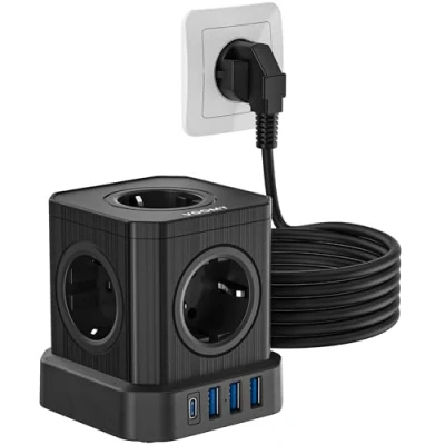 Imagen de VOOMY Regleta 9 en 1 Cable de 5M, 5 Tomas y 3 USB A C (USB 20W Recarga Rapida), 4000 W con Interruptor, Protección contra Sobretensiones para Smartphone, hogar Oficina, Negro