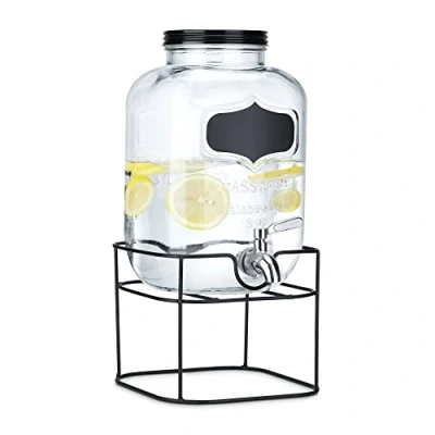 Imagen de Navaris Dispensador de Bebidas con Grifo Recipiente Vidrio 5 L Botella Cristal Base metálica Garrafa dosificador