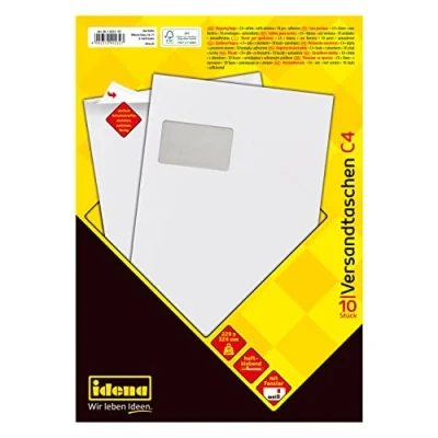 Imagen de Idena 10232 Sobre DIN C4, 90 g/m², sensible a la presión, con ventana, blanco, 10 unidades