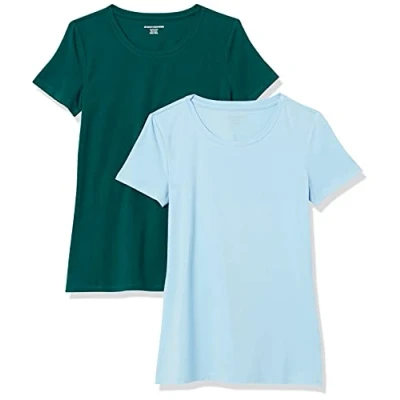 Imagen de Amazon Essentials Camiseta de Cuello Caja Manga Corta y Ajuste Clásico Mujer, Pack 2, Azul Celeste Claro/Verde Oscuro, L