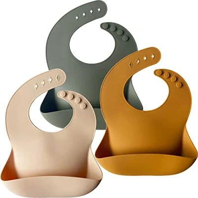 Imagen de Moonkie Juego de 3 baberos silicona para bebés, libres BPA, suaves, ajustables y resistentes al agua bebés niños pequeños