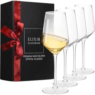 Imagen de Copas De Vino Juego 4 Cristal Sopladas A Mano Blanco Tallo Largo Libre Plomo Regalo Boda, Aniversario O Navidad 380ml, Transparente