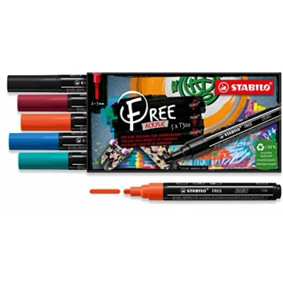 Imagen de Marcador acrilico STABILO FREE Acrylic T300 Estuche con 5 colores Punta 2 3 mm