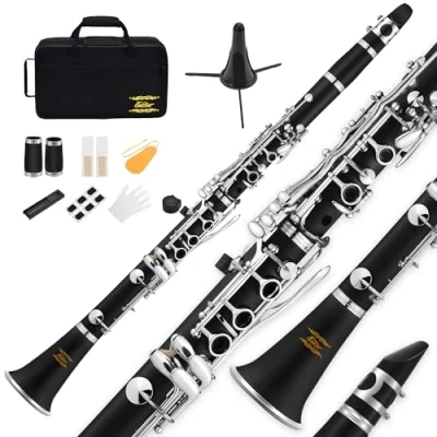 Imagen de clarinete plano Eastar B para principiantes, de ebonita niquelado con 2 barriles, 3 lengüetas, guantes blancos, estuche rígido, Kt limpieza, ECL 300