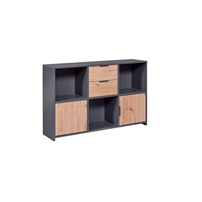 Imagen de Inter Link Arcón de 2 Puertas y cajones Aparador Cajonera para Dormitorio, salón Roble Artesanal Antracita Compuesto Madera Robusto Fácil Mantenimiento Pepeto 2TS