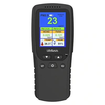 Imagen de LifeBasis Medidor Calidad Aire Detector de Formaldehido para HCHO TVOC VOC AQI PM1.0 PM2.5 PM10 Partículas Polvo Ultrafino, del en Tiempo Real el Hogar Oficina Coche