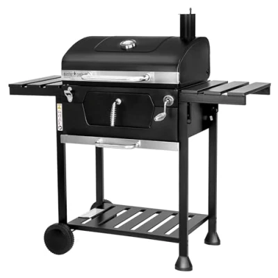 Imagen de MasterCook barbacoa de carbón acero con ruedas resistente y estable doble parrilla, termómetro ajuste la cesta barbacoa, estantes laterales