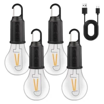 Imagen de 4 lámparas de camping recargables, 3 modos luz, bombilla recargable con batería, carga USB, linterna LED mini, brillo ajustable, luz al aire libre