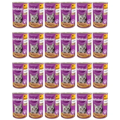 Imagen de Whiskas Adult 1+ Comida húmeda para gatos con pollo en gelatina, 24 latas (24 x 400 g)
