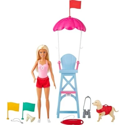 Imagen de Barbie Socorrista Muñeca Rubia con Silla de vigilancia Playa Juguete, Mascota y Accesorios (Mattel GTX69)