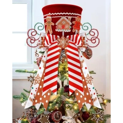 Imagen de KAHEIGN Adornos para Copa del Árbol de Navidad, 25CM Grande Negro Sombrero Navidad con Pan Jengibre y Lazo Rayas Hogar Vacaciones Invierno Fiesta Decoración