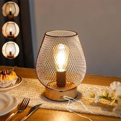 Imagen de JHY DESIGN lámpara de mesa noche táctil con jaula metal, batería bombillas, acento para bodas, fiestas, eventos terraza interiores al aire libre