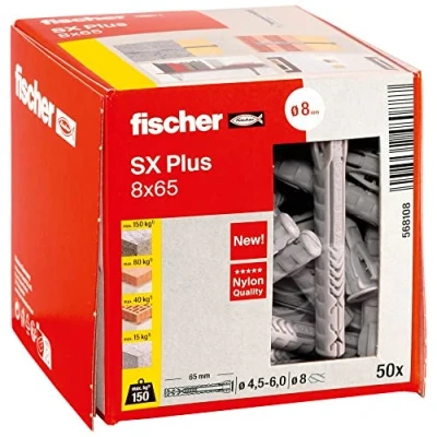 Imagen de fischer 568108 SX Plus Taco de expansión 8x65, caja con 50 anclajes nylon, para una sujeción óptima al fijar en hormigón, ladrillo macizo, (Caja unidades)