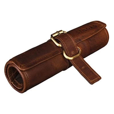 Imagen de STILORD &#039;Felix&#039; Estuche o Bolsa Cuero para lápices y bolígrafos Portatodo Escolar Redondo Hombres Mujeres Cartuchera de Piel auténtica, Color:Cognac marrón Oscuro
