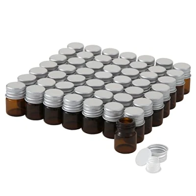 Imagen de Viales de Vidrio Ámbar 5 ml con Tapones Rosca y Tapas Interiores plástico, Vial Muestra Líquido Marrón Pequeño, a Prueba Fugas, 50 Unidades