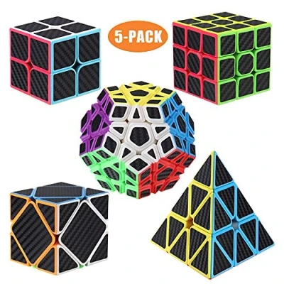Imagen de ROXENDA Cubos de Velocidad, [5 Pack] Speed Cube Set 2x2 3x3 Pirámide Dodecaedro Skew Pegatina Fibra Carbono Magic Colección Rompecabezas Juguete