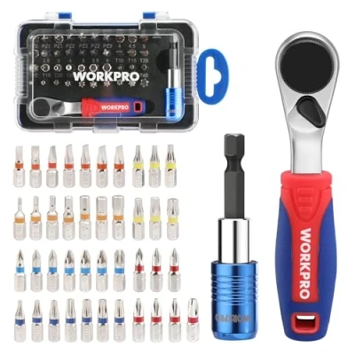 Imagen de WORKPRO Juego de Puntas Destornillador 43 piezas, Mini Carraca 1/4&quot;, Mango Trinquete Reversible 90 Grados con Torx, Phillips, Planas, Pozidrive y Hexagonales